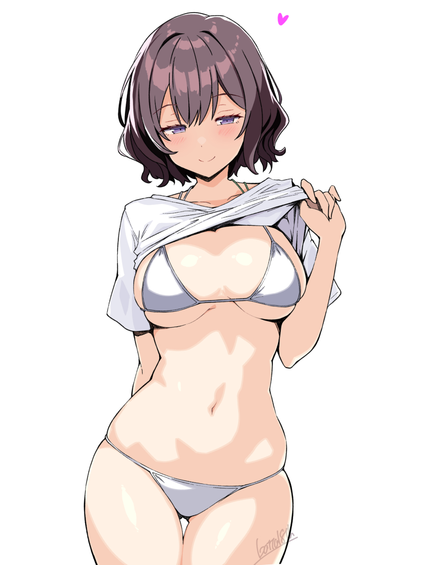 1girl artist_name batta_16-sei bikini breasts brown_hair closed_mouth clothes_lift commentary_request gakuen_idolmaster heart highres idolmaster lifting_own_clothes looking_at_viewer medium_breasts neo_asari purple_eyes shirt shirt_lift short_hair side-tie_bikini_bottom simple_background solo swimsuit t-shirt thigh_gap white_background white_bikini white_shirt