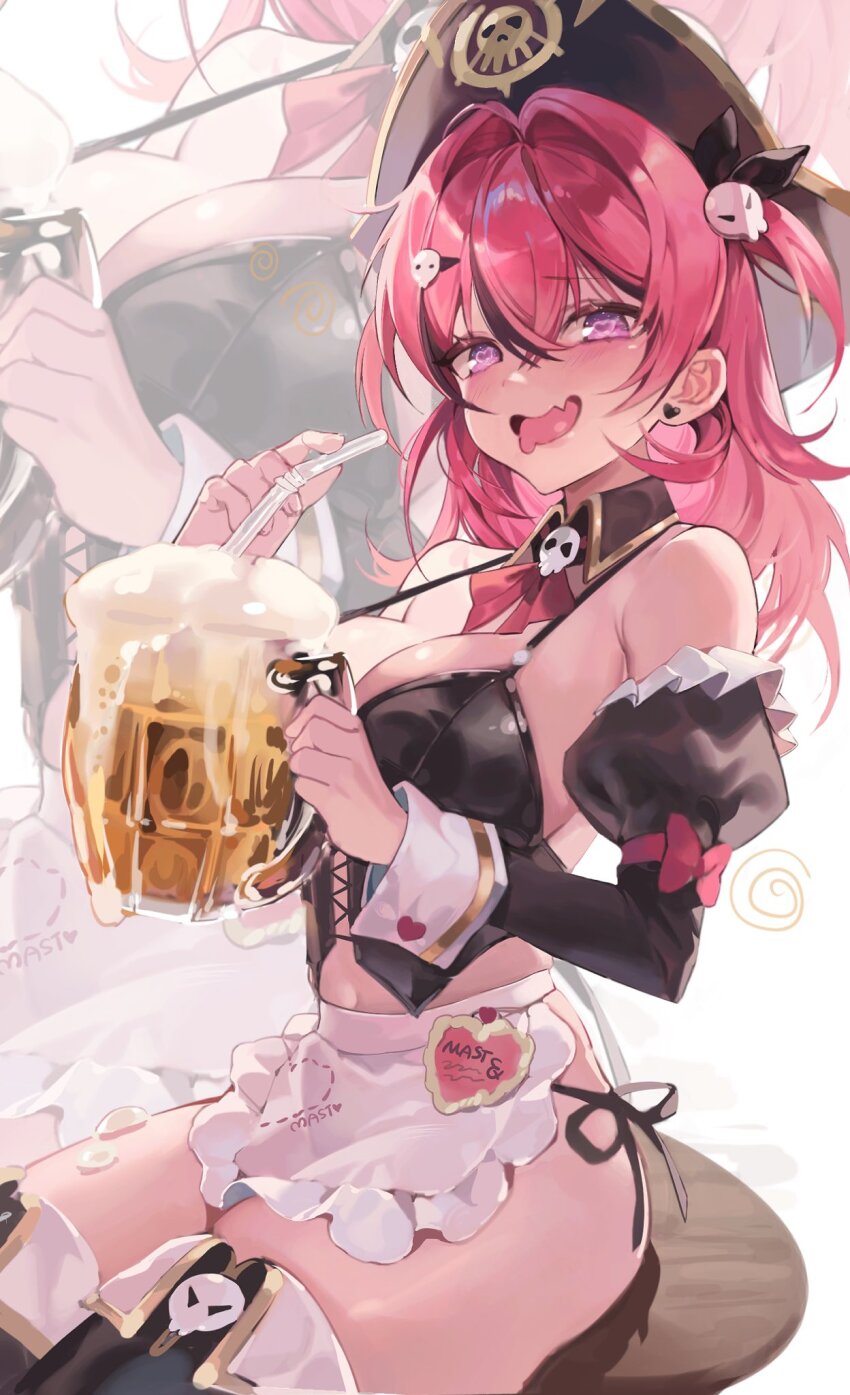 1girl alcohol beer beer_mug coloringday cup drinking_straw drunk goddess_of_victory:_nikke hat heart heart-shaped_pupils highres mast_(nikke) mast_(romantic_maid)_(nikke) mug pirate_hat red_hair sitting solo symbol-shaped_pupils