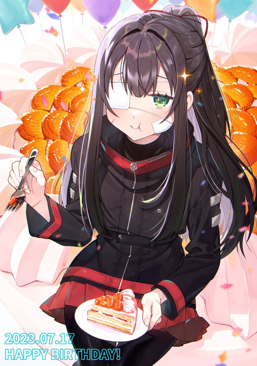 1girl absurdres balloon bandaid bandaid_on_face black_hair black_jacket black_pantyhose cake eating eyepatch food fork hair_ribbon half_updo highres holding holding_fork holding_plate jacket library_of_ruina long_hair long_sleeves looking_at_viewer medical_eyepatch michael_(8m71d) pantyhose plate pleated_skirt project_moon red_ribbon red_skirt ribbon scar scar_on_face shi_association_south_uniform skirt solo tenma_(project_moon) very_long_hair