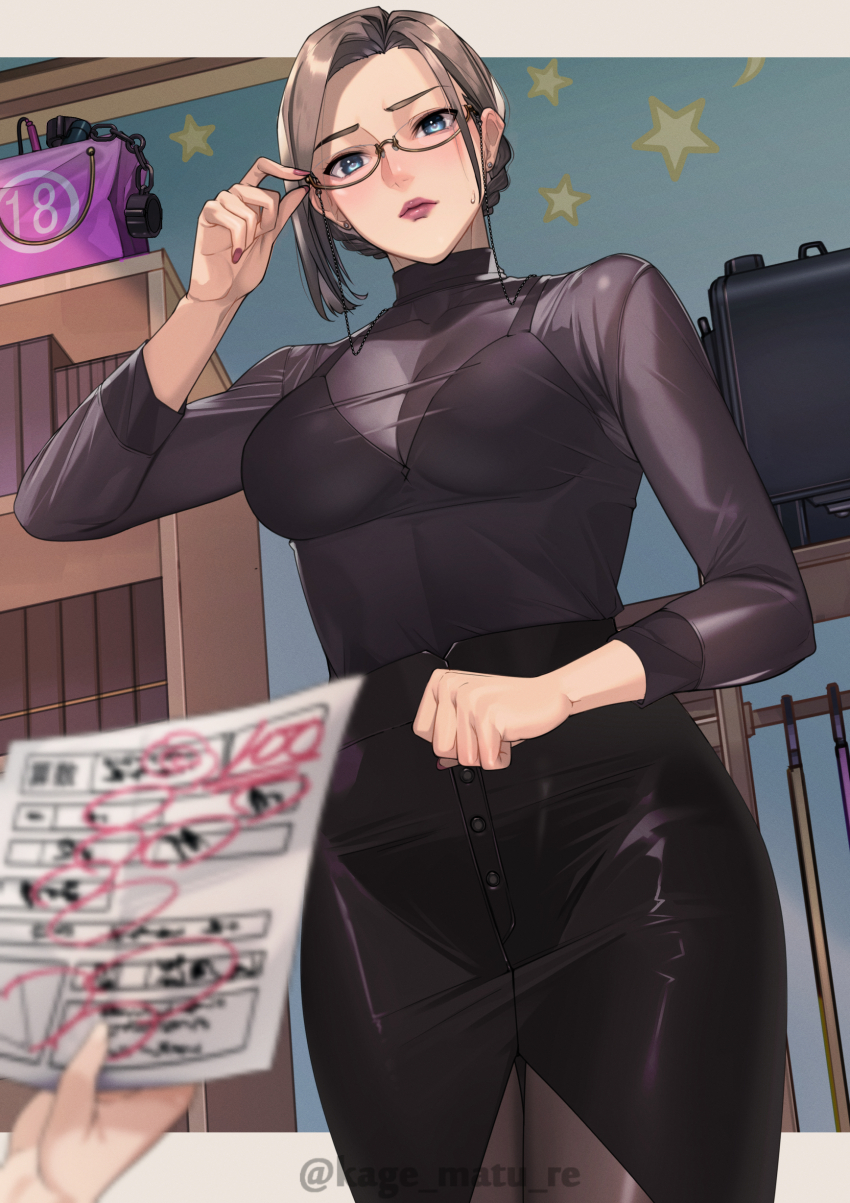 1girl absurdres adjusting_eyewear black_skirt blue_eyes bookshelf bra braid breasts brown_hair buttons clenched_hand closed_mouth covered_collarbone earrings glasses highres holding holding_paper jewelry kagematsuri lips mature_female medium_breasts original pantyhose paper see-through_clothes see-through_shirt semi-rimless_eyewear sex_toy shirt skirt star_(symbol) sweat tutor twitter_username underwear