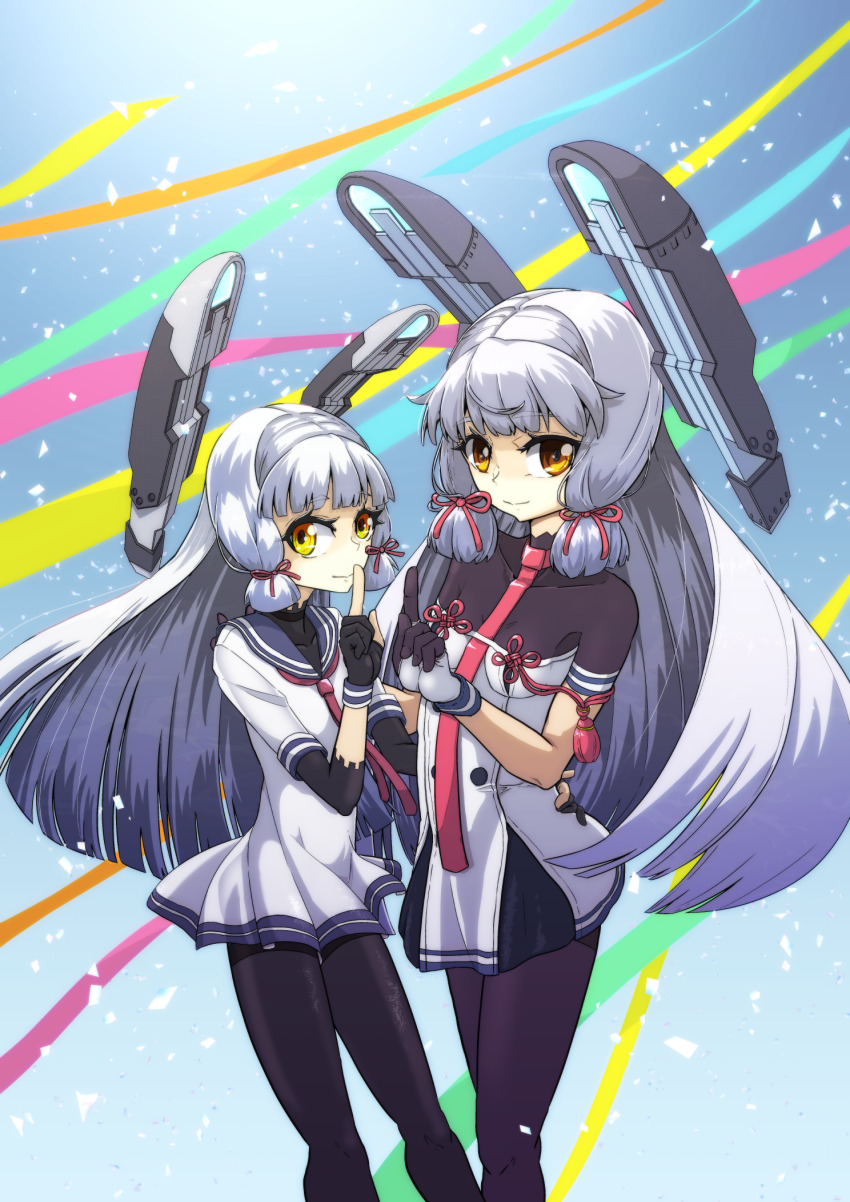 2girls black_gloves black_pantyhose blunt_bangs blunt_tresses breasts donguri_(kino4405) dress dual_persona floating_headgear gloves grey_hair hair_ribbon headgear highres kantai_collection long_hair looking_at_viewer multiple_girls murakumo_(kancolle) murakumo_kai_ni_(kancolle) necktie pantyhose partially_fingerless_gloves red_necktie ribbon sailor_dress short_eyebrows sidelocks small_breasts smile tress_ribbon undershirt very_long_hair yellow_eyes