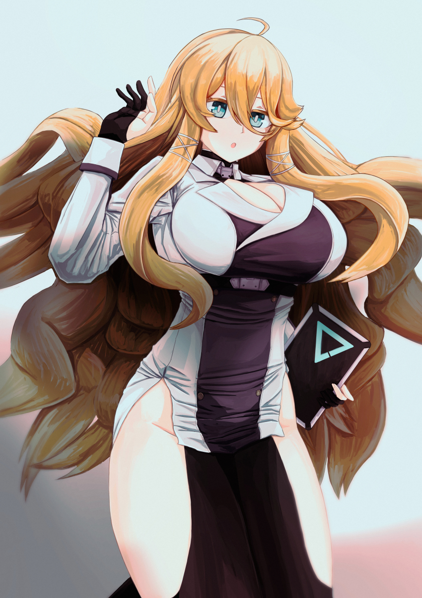 1girl :o absurdres ahoge aqua_eyes belt black_gloves blonde_hair breasts bright_pupils cleavage clothing_cutout commentary counter:side floating_hair gloves groin hair_between_eyes hand_up high_belt highres holding holding_tablet_pc jacket large_breasts long_hair long_sleeves looking_ahead moneka_(counter:side) msto partially_fingerless_gloves sidelocks solo tablet_pc thigh_cutout very_long_hair wavy_hair white_background white_jacket white_pupils
