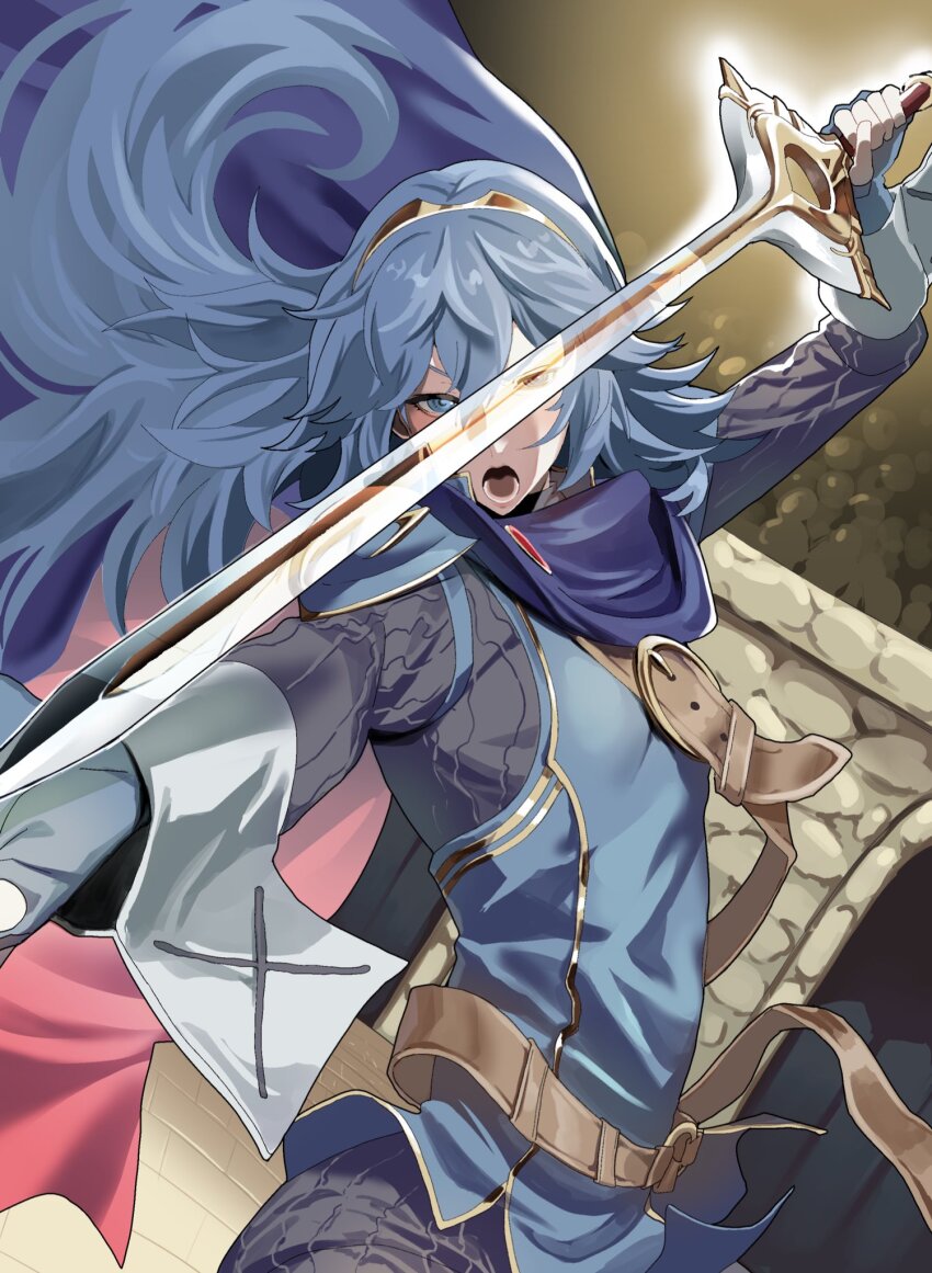 1girl armor belt black_sweater blue_cape blue_eyes blue_gloves blue_hair cape commentary_request falchion_(fire_emblem) fingerless_gloves fire_emblem fire_emblem_awakening floating_hair gloves hair_between_eyes highres holding holding_sword holding_weapon long_hair looking_at_viewer lucina_(fire_emblem) nintendo open_mouth pauldrons red_cape ribbed_sweater shoulder_armor smile solo sweater sword tiara tsujii_luki two-tone_cape weapon