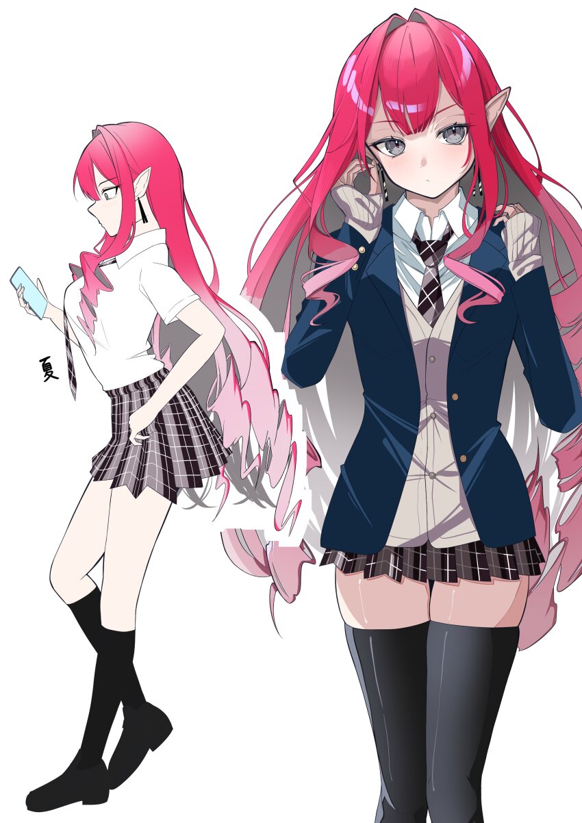 1girl absurdres baobhan_sith_(fate) blue_jacket breasts cellphone earrings fate/grand_order fate_(series) full_body grey_eyes highres jacket jewelry large_breasts long_hair long_sleeves looking_at_viewer multiple_views necktie nigori_(keydoor) phone pink_hair pleated_skirt pointy_ears school_uniform shirt short_sleeves skirt thighhighs white_shirt