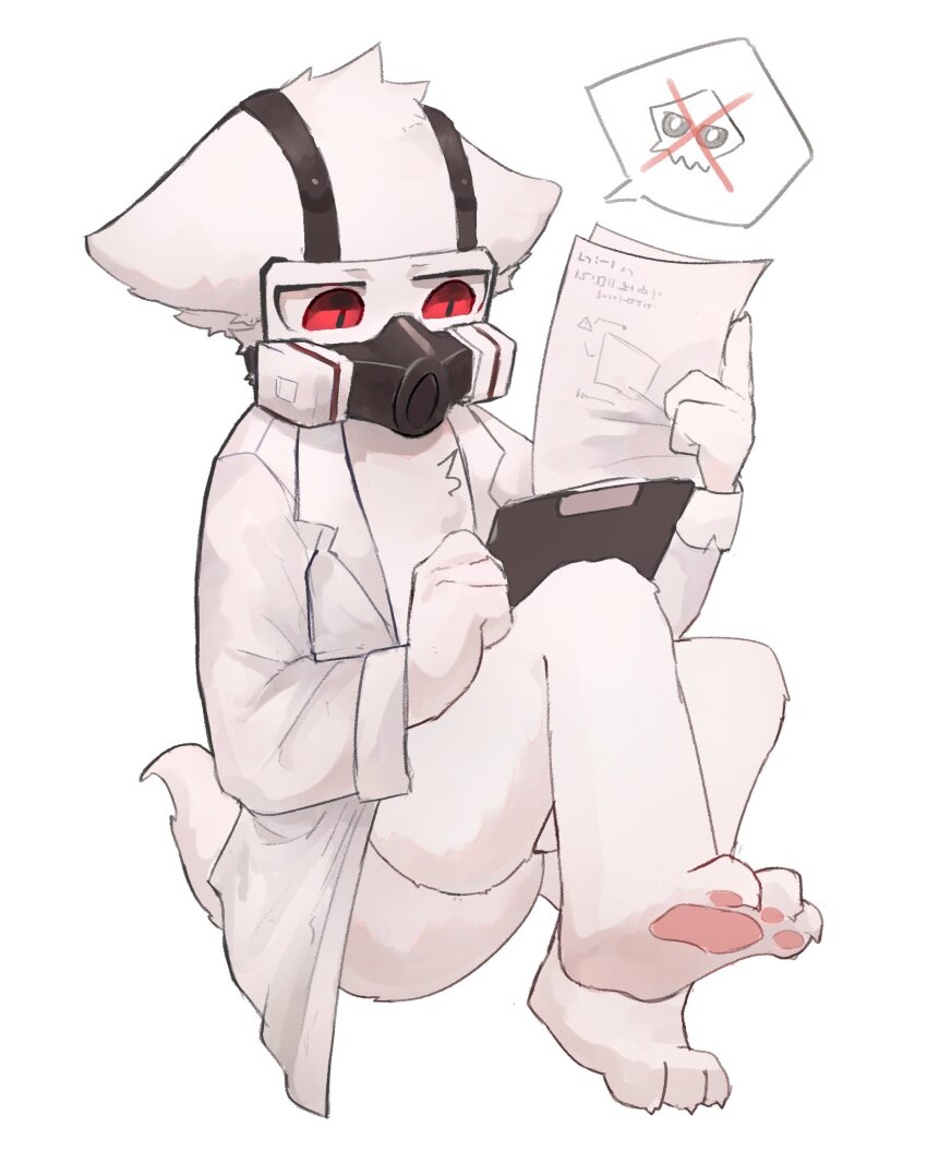 1boy absurdres animal_ears changed clipboard crossed_legs dr_k_(changed) droopy_ears expressionless furry furry_male gas_mask highres holding holding_clipboard holding_paper image_in_speech_bubble imp0ch1 jacket lab_coat mask naked_lab_coat open_clothes open_jacket paper pawpads red_eyes respirator sitting slit_pupils spoken_x tail white_background white_fur wolf wolf_ears wolf_tail