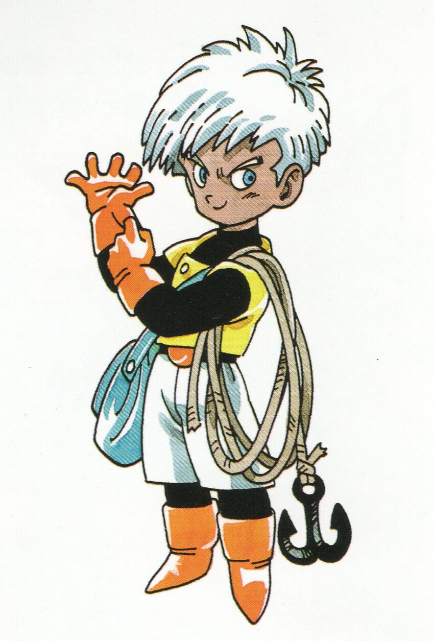 1boy adjusting_clothes adjusting_gloves bag black_bodysuit blue_bag blue_eyes bodysuit boots chibi closed_mouth dark-skinned_male dark_skin dragon_quest dragon_quest_iii gloves grappling_hook highres looking_to_the_side male_focus official_art orange_boots orange_gloves scan short_hair shorts shoulder_bag smile solo thief_(dq3) third-party_source toriyama_akira vest white_background white_hair white_shorts yellow_vest