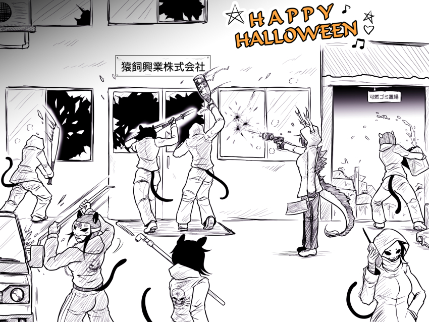 6+girls air_conditioner animal_ears arson baseball_bat car cleaver commentary_request crowbar firing full_body gas_can greyscale gun handgun happy_halloween highres holding holding_baseball_bat holding_cleaver holding_crowbar holding_gun holding_lead_pipe holding_walkie-talkie holding_weapon hood hood_up hoodie kicchou_yachie lead_pipe monochrome motor_vehicle multiple_girls otter_ears otter_girl otter_spirit_(touhou) otter_tail pants ryuuichi_(f_dragon) shoes short_hair sign standing tail terrorism touhou translation_request vandalism walkie-talkie weapon