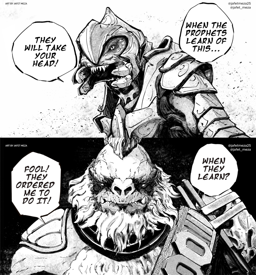 2boys alien arbiter artist_name beard brute_(halo) commentary english_commentary facial_hair fangs greyscale halo_(series) halo_2 highres jafet_meza looking_ahead male_focus monochrome multiple_boys open_mouth sangheili scene_reference sharp_teeth speech_bubble tartarus_(halo) teeth thel&#039;vadam twitter_username