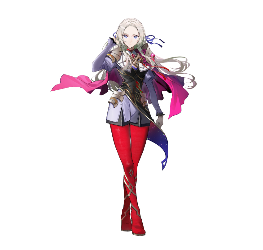 1girl absurdres armor breasts cape cleavage edelgard_von_hresvelg fire_emblem fire_emblem:_three_houses fire_emblem_heroes forehead full_body hair_ornament hair_ribbon highres jewelry long_hair long_sleeves looking_at_viewer nintendo official_alternate_costume official_art pantyhose parted_bangs pauldrons pink_cape purple_eyes purple_ribbon ribbon shoulder_armor simple_background solo star_(symbol) star_print white_hair