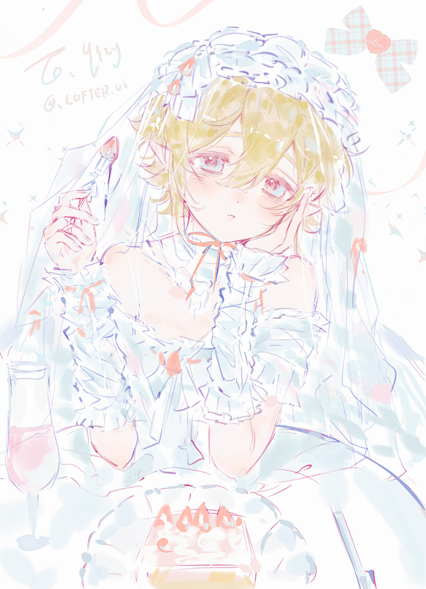1boy absurdres alternate_costume androgynous aotu_world artist_name bare_shoulders blonde_hair blue_eyes blush bow bridal_veil cake chinese_commentary collar crossdressing crossdressing_(mtf) cup detached_collar detached_sleeves dress drinking_glass english_text food fork frilled_hairband frilled_sleeves frills fruit hairband hand_on_own_cheek hand_on_own_face happy_birthday highres holding holding_fork king_(aotu_world) looking_at_viewer male_focus off-shoulder_dress off_shoulder pale_skin parted_lips plate plutoray pointy_ears short_hair solo strawberry strawberry_shortcake trap veil white_background white_collar white_dress white_sleeves white_veil wine_glass
