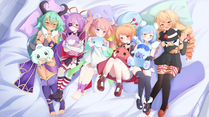 6+girls absurdres aged_down animal_ears arm_wrap azura_dulait bear_ears bear_girl black_horns black_shoes black_skirt black_thighhighs bleating_heart_(azura_dulait) blonde_hair blue_hair breasts broken_heart brown_eyes buruii_tte closed_mouth corrupted_twitter_file drill_hair fishnet_thighhighs fishnets goat_horns gradient_hair green_hair hair_between_eyes hair_ornament hair_stick heart high_heels highres holding horizontal_pupils horns icey_snowpaws immy_bisou jewelry long_hair lop_rabbit_ears mercy_modiste multicolored_hair multiple_girls on_bed orange_hair pillow pink_hair purple_eyes purple_hair rabbit_ears red_eyes red_shoes reefling_(stronny_cuttles) scissors_hair_ornament shibari shibi_cottonbum shoes shoulder_tattoo skirt snowbearies_(icey_snowpaws) stirrup_legwear stronny_cuttles symbol-shaped_pupils tan tattoo thighhighs toe_ring toeless_legwear vallure virtual_youtuber