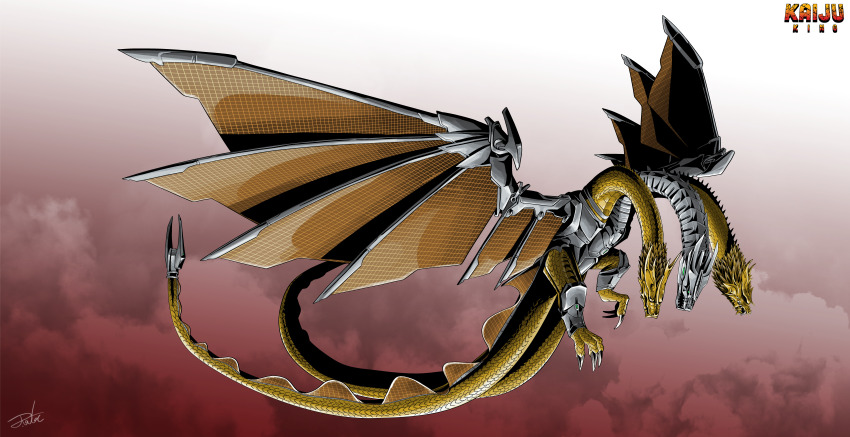 absurdres black_sclera colored_sclera cyborg dragon dragon_horns english_text fangs flying full_body godzilla_(series) godzilla_vs._king_ghidorah gold_scales gradient_background green_eyes gugenheim98 highres horns incredibly_absurdres kaiju king_ghidorah mecha-king_ghidorah mechanical_head mechanical_wings monster multiple_heads multiple_tails no_humans sharp_teeth signature solo spikes spread_wings tail teeth toho wings
