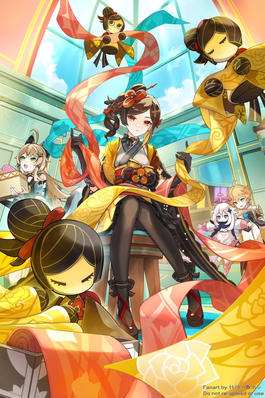 1boy 3girls aether_(genshin_impact) black_gloves blonde_hair blue_scarf box breasts brown_hair brown_pantyhose brown_shoes chiori_(genshin_impact) crop_top dress drill_hair drill_ponytail genshin_impact gloves green_eyes grey_kimono hair_ornament hair_stick halo high_heels highres holding holding_box japanese_clothes kimono kirara_(genshin_impact) long_hair looking_at_viewer multicolored_hair multiple_girls okkobc paimon_(genshin_impact) pantyhose red_eyes sash scarf shoes short_kimono skirt tamoto_(genshin_impact) thighhighs white_dress white_hair yellow_eyes