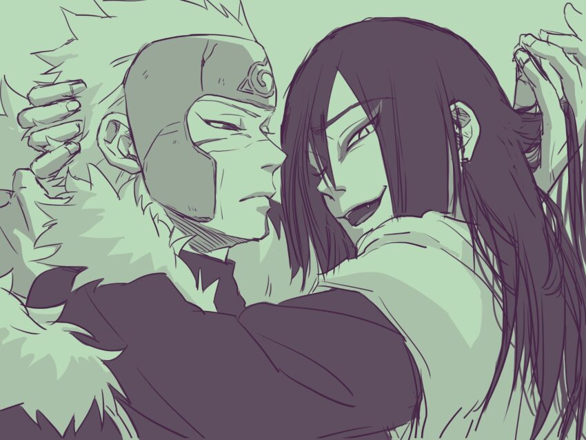 2boys alternate_costume arms_around_another&#039;s_neck black_hair cracked_helmet cracked_skin earrings edo_tensei eye_visible_through_hair eyebrow_visible_through_hair eyeliner fangs fluffy_collar frown grabbing_another&#039;s_hair green_theme hand_on_another&#039;s_head highres jewelry limited_palette long_hair makeup monochrome multiple_boys narrowed_eyes naruto_(series) naruto_shippuuden one_eye_closed orochimaru_(naruto) scar scar_on_face senju_tobirama smile spiked_hair u3051u3080 white_hair wink
