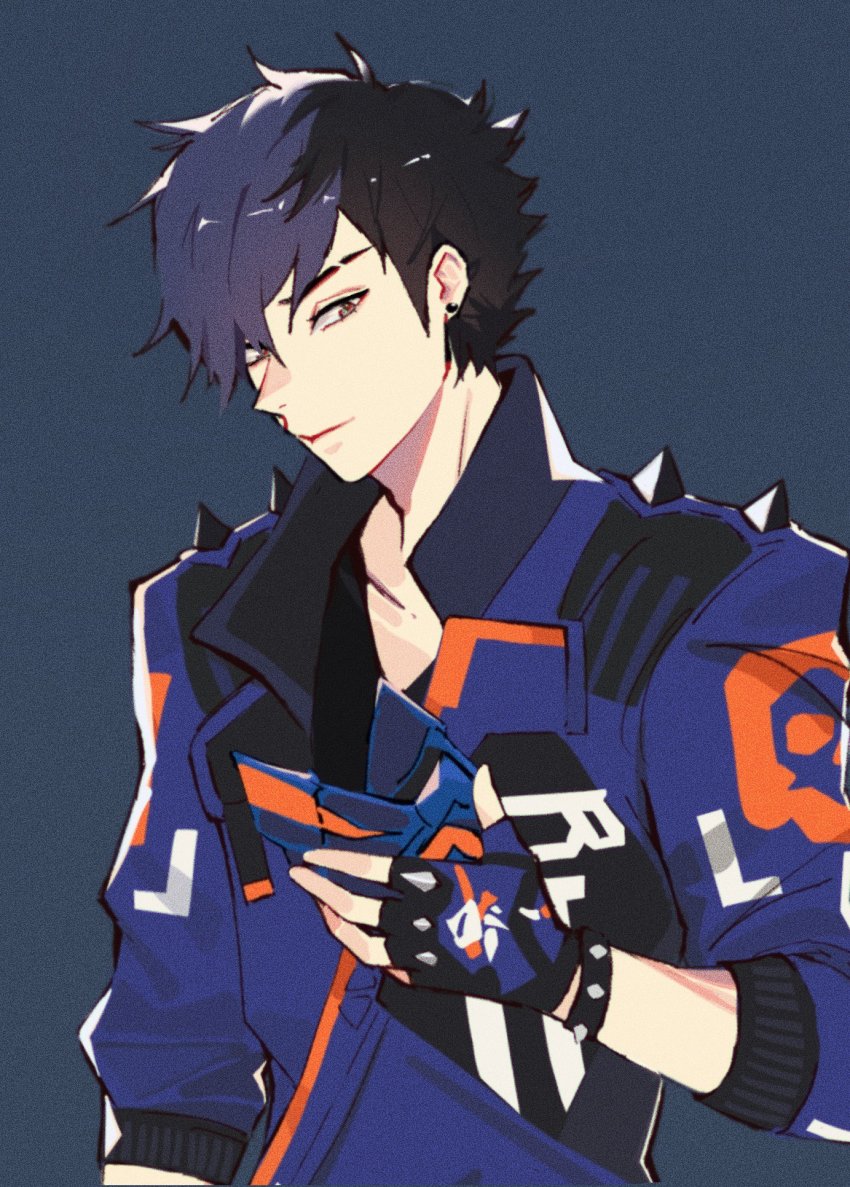 1boy alternate_hairstyle animification black_hair blue_background blue_gloves blue_jacket brown_eyes collarbone eyebrow_cut fingerless_gloves gloves hair_behind_ear highres holding holding_mask hyoon_(sockgyu) jacket male_focus mask unworn_mask smile solo spikes upper_body valorant yoru_(valorant)