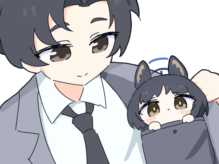 1boy 1girl :&lt; animal_ears black_hair black_necktie blue_archive blue_archive_the_animation blue_halo blush_stickers brown_eyes chibi closed_mouth collared_shirt commentary_request formal_clothes grey_suit halo in_pocket kikyou_(blue_archive) looking_at_another looking_at_viewer male_focus necktie pocket sensei_(blue_archive) sensei_(blue_archive_the_animation) shirt short_hair simple_background smile suit umihio upper_body white_background white_shirt