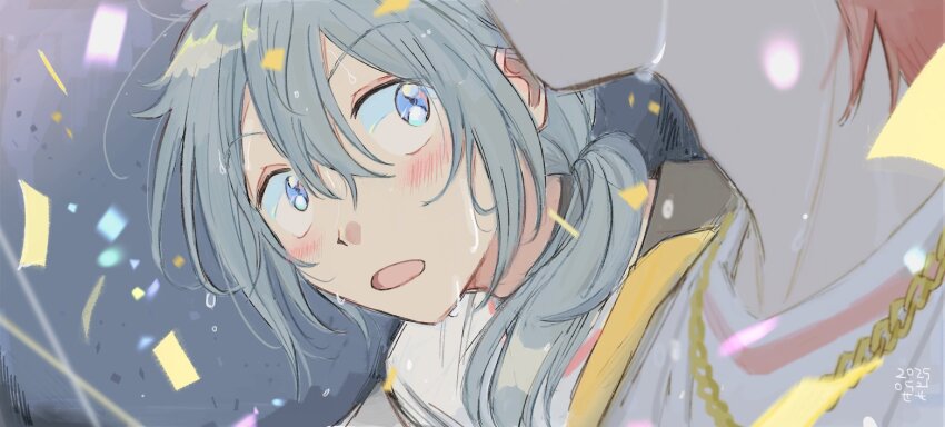 2boys 37l53 amagi_rinne blue_eyes blush chain chain_necklace commentary confetti dated double-parted_bangs ensemble_stars! grey_background grey_hair hair_between_eyes hair_over_shoulder jewelry male_focus motion_blur multiple_boys necklace open_mouth out_of_frame ponytail raised_eyebrows shiina_niki shirt short_ponytail sideways_glance signature solo_focus surprised sweat white_shirt wide-eyed
