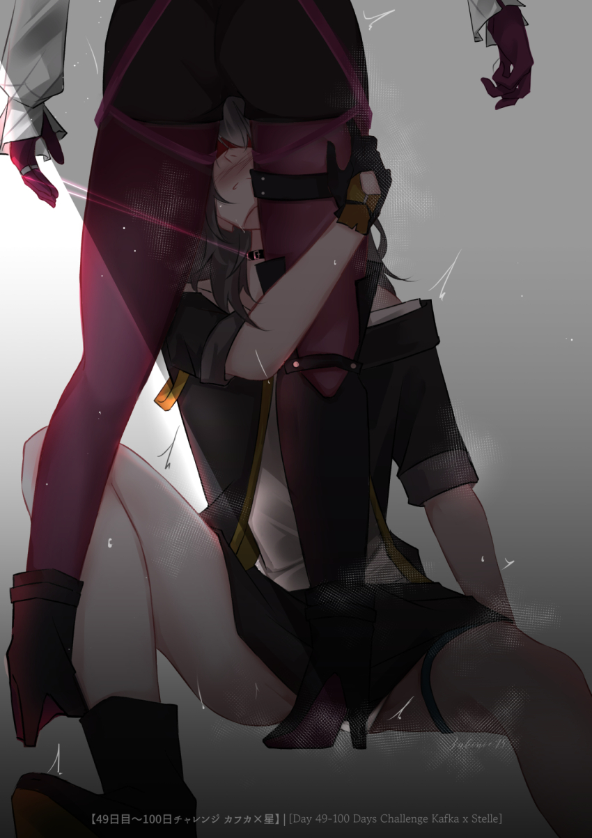 2girls arm_around_leg between_legs black_footwear black_gloves black_jacket black_shorts black_skirt blush boots character_name commentary covered_eyes gloves grey_background hashtag-only_commentary high_heel_boots high_heels highres honkai:_star_rail honkai_(series) jacket kafka_(honkai:_star_rail) long_sleeves multiple_girls pantyhose purple_gloves purple_pantyhose red_blindfold shirt shorts signature sitting skirt stelle_(honkai:_star_rail) trailblazer_(honkai:_star_rail) white_shirt yuri zukinie