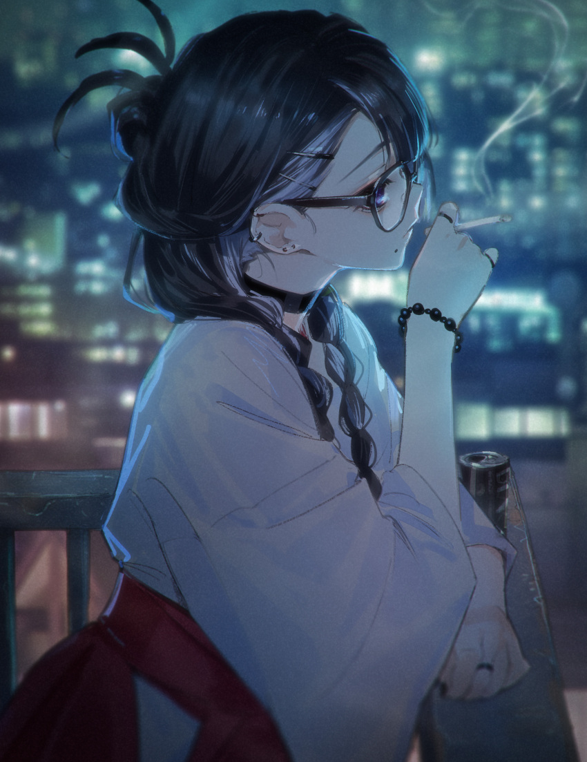 1girl absurdres bead_bracelet beads black_hair blurry bracelet braid cigarette closed_mouth commentary_request ear_piercing from_side fuyuno_yuuki glasses hair_ornament hairpin hakama highres holding holding_cigarette japanese_clothes jewelry kagurasaka_mei_(fuyuno_yuuki) kimono long_hair miko mole mole_under_eye original piercing purple_eyes red_hakama ring solo twin_braids upper_body white_kimono