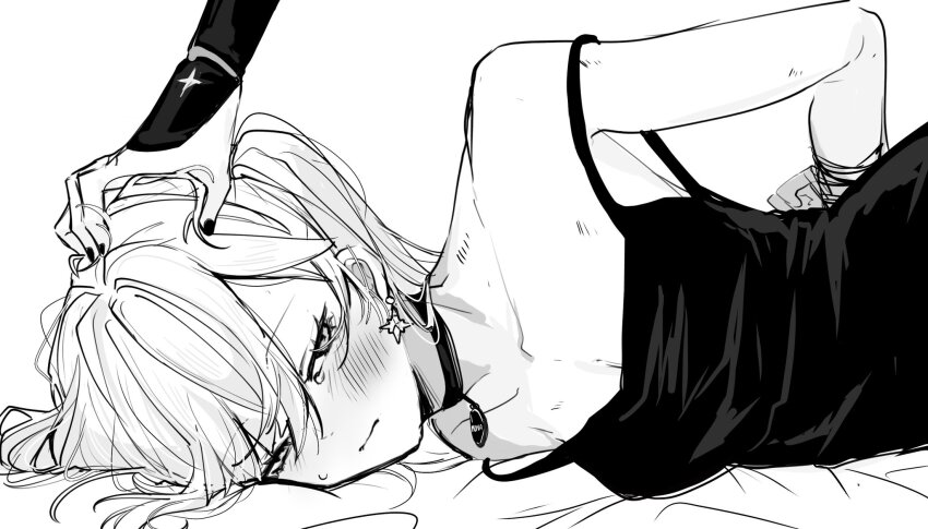 1girl alternate_costume armor arms_behind_back bdsm blush bondage bound bound_wrists breasts camisole choker cleavage closed_mouth collarbone earrings eyelashes fingernails genshin_impact hair_spread_out head_grab head_pinned_down highres japanese_armor jewelry kote lying mona_(genshin_impact) monochrome necktie_iv14 on_side parted_bangs pendant pushing_down raised_eyebrows scaramouche_(genshin_impact) side_ponytail star_(symbol) star_earrings strap_slip sweatdrop tears uneven_eyes