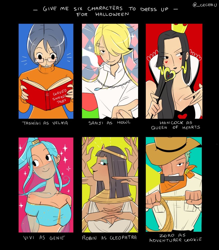 2boys 4girls aqua_hair blue_eyeshadow blue_hair boa_hancock book cesel character_name commentary crown curly_eyebrows earrings english_commentary extra_arms eyeshadow facial_hair glasses goatee green_hair hair_over_one_eye hana_hana_no_mi hat high_collar highres holding holding_book jewelry long_hair makeup multiple_boys multiple_drawing_challenge multiple_girls nefertari_vivi nico_robin notice_lines one_piece orange_sweater ponytail roronoa_zoro sanji_(one_piece) short_hair sidelocks smile snake_earrings sparkle sweater tashigi turtleneck turtleneck_sweater twitter_username upper_body