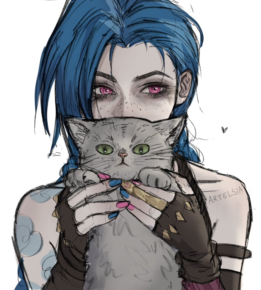 1girl animal arcane:_league_of_legends arcane_jinx arm_strap arm_tattoo artelsia artist_name asymmetrical_bangs bare_shoulders blue_hair blue_nails braid brown_gloves cat cloud_tattoo collarbone commentary covered_mouth english_commentary fingerless_gloves freckles gloves green_eyes grey_cat hair_behind_ear heart highres holding holding_animal jinx_(league_of_legends) league_of_legends long_bangs looking_to_the_side multicolored_nails parted_bangs pink_eyes pink_nails prosthetic_fingers shoulder_tattoo solo tattoo twin_braids twintails upper_body white_background