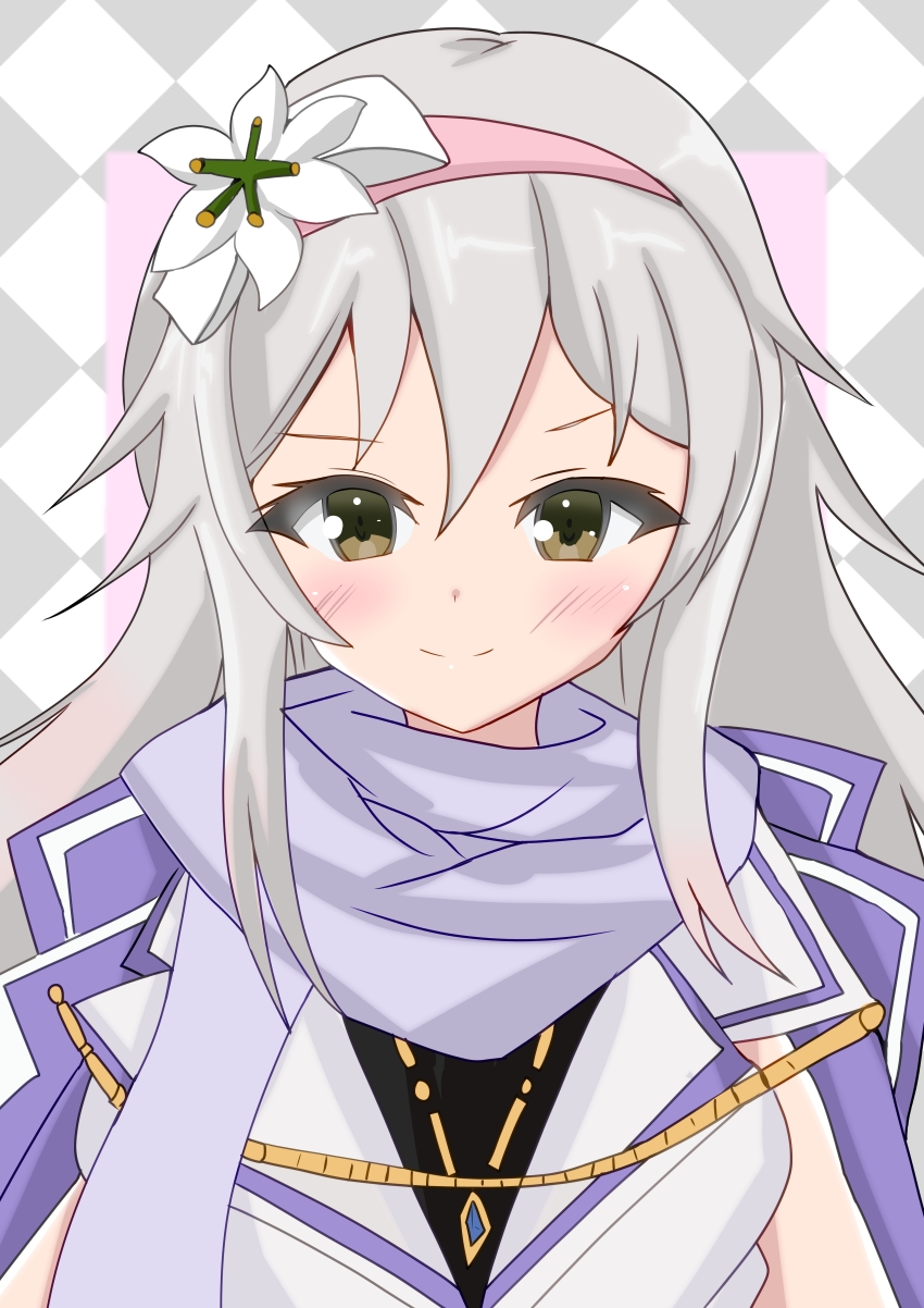 1girl absurdres argyle_background arms_at_sides assault_lily black_shirt blue_scarf blush brown_eyes closed_mouth commentary ebisu_nobu flower grey_background grey_hair hair_between_eyes hair_flower hair_ornament hairband hayakawa_yahiro highres jacket jacket_on_shoulders jewelry long_hair looking_at_viewer neck official_alternate_costume pendant pink_background pink_hairband purple_jacket scarf shirt sidelocks sleeveless sleeveless_shirt smile solo two-tone_background upper_body white_background white_flower white_shirt