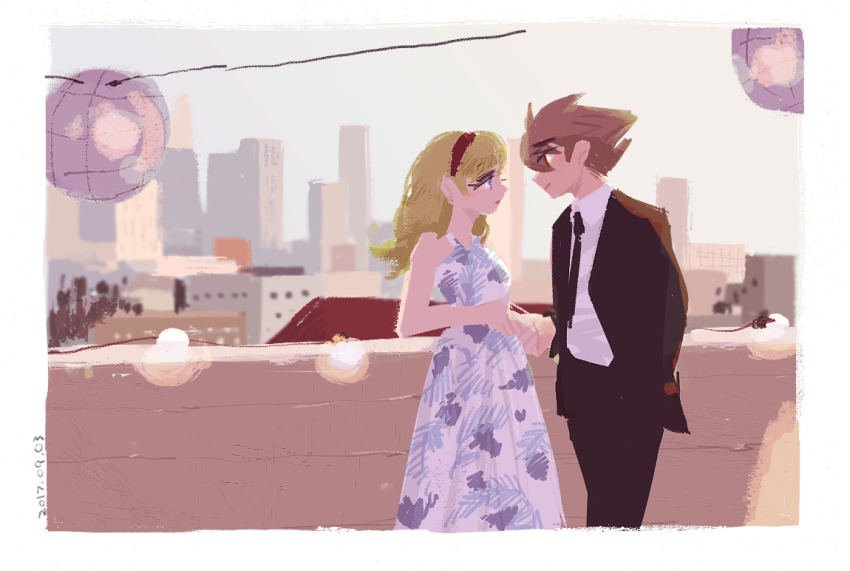black_suit blonde_hair blue_eyes brown_eyes brown_hair couple cyborg cyborg_009 dress floral_dress floral_print floral_print_dress formal_clothes francoise_arnoul hair_over_one_eye hairband hand_in_pocket holding_hands light_smile long_eyelashes long_hair manodemarina print_dress red_hairband shimamura_joe shirt suit white_shirt