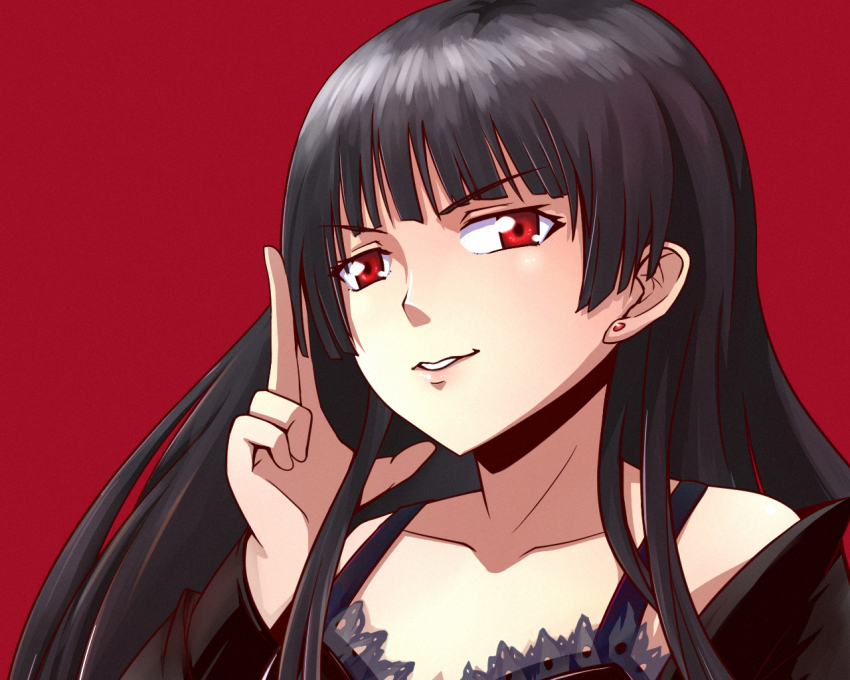 10s 1girl bare_shoulders black_hair bra coat inu_to_hasami_wa_tsukaiyou lips long_hair magenta_background natsuno_kirihime open_mouth red_eyes simple_background underwear