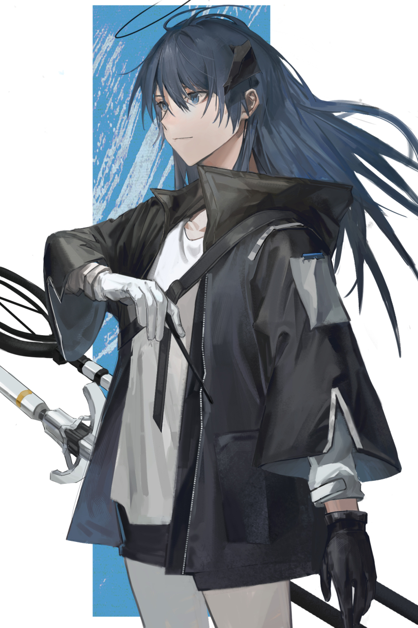 1girl antenna_hair arknights asymmetrical_gloves black_gloves black_halo black_horns black_jacket black_shorts blue_eyes blue_hair cowboy_shot from_side g_xio111 gloves hair_between_eyes halo hand_up highres hood hooded_jacket horns jacket long_hair long_sleeves looking_ahead mismatched_gloves mostima_(arknights) number-only_commentary shirt short_shorts shorts sidelocks solo staff white_background white_gloves white_shirt wide_sleeves