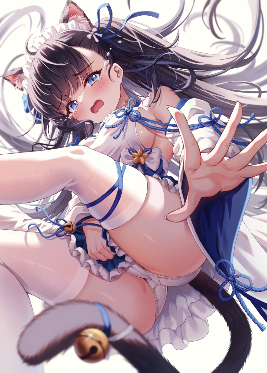 1girl ahoge animal_ear_fluff animal_ears ass azur_lane bell black_hair blue_eyes breasts cat_ears cat_girl cat_tail covering_privates crying crying_with_eyes_open detached_sleeves from_below hatsuharu_(azur_lane) hatsuharu_(hatsuharu&#039;s_cat_cafe_caper)_(azur_lane) highres japanese_clothes looking_at_viewer maid maid_headdress official_alternate_costume panties sideboob solo tail tail_bell tail_ornament tears thighhighs thighs tingin_ee underwear wa_maid white_panties white_sleeves white_thighhighs
