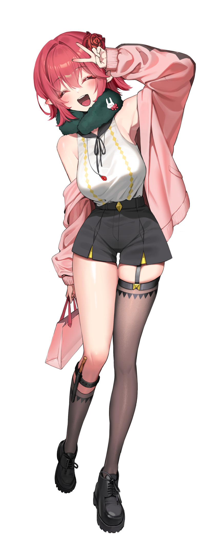 1girl absurdres arm_up armpits asymmetrical_legwear bare_shoulders black_shorts breasts brown_thighhighs closed_eyes dungeon_and_fighter facing_viewer female_mage_(dungeon_and_fighter) flower full_body garter_straps guamon hair_flower hair_ornament high-waist_shorts highres jacket jewelry kneehighs long_sleeves medium_breasts necklace off_shoulder open_clothes open_jacket open_mouth original pink_jacket pointy_ears red_hair rose scarf shirt shirt_tucked_in shoes short_hair short_shorts shorts single_garter_strap single_kneehigh single_sock single_thighhigh skindentation sleeveless sleeveless_shirt smile sneakers socks solo summoner_(dungeon_and_fighter) thighhighs thighs transparent_background white_shirt