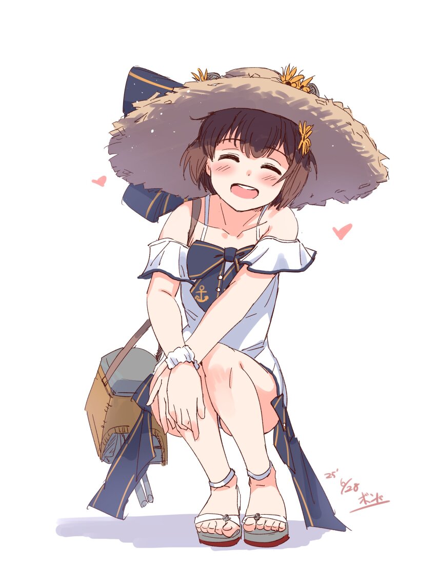 1girl absurdres bag brown_hair commentary_request dress flower hair_flower hair_ornament hat highres kantai_collection looking_at_viewer official_alternate_costume one-hour_drawing_challenge open_mouth round_teeth short_hair simple_background smile solo squatting straw_hat sun_hat sundress sunflower sunflower_hair_ornament teeth watashitachino_kareshi white_background white_dress yukikaze_(kancolle) yukikaze_(summer)_(kancolle) yukikaze_kai_ni_(kancolle)