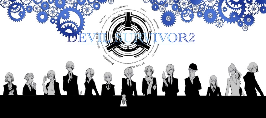 6+boys 6+girls absurdres akie_yuzuru arm_to_shoulders arms_up artist_request ban_airi baseball_cap black_hat black_jacket bow bowtie character_request chinese_clothes devil_survivor_(series) devil_survivor_2 dress_shirt english_text facing_away facing_to_the_side facing_viewer finger_to_mouth formal_clothes gears glasses hair_over_one_eye hand_on_own_face hand_on_table hands_up hat highres holding holding_mirror holding_paper holding_sword holding_weapon houtsuin_yamato jacket jacket_on_arm jacket_on_shoulders kanno_fumi kujou_hinako kuriki_ronaldo looking_at_viewer mirror monochrome multiple_boys multiple_girls necktie nitta_io open_clothes open_jacket outstretched_arm own_hands_together paper partially_colored partially_unbuttoned ponytail protagonist_(devil_survivor_2) sako_makoto shijima_daichi shirt short_hair smile sword table torii wakui_keita weapon white_shirt yanagiya_otome