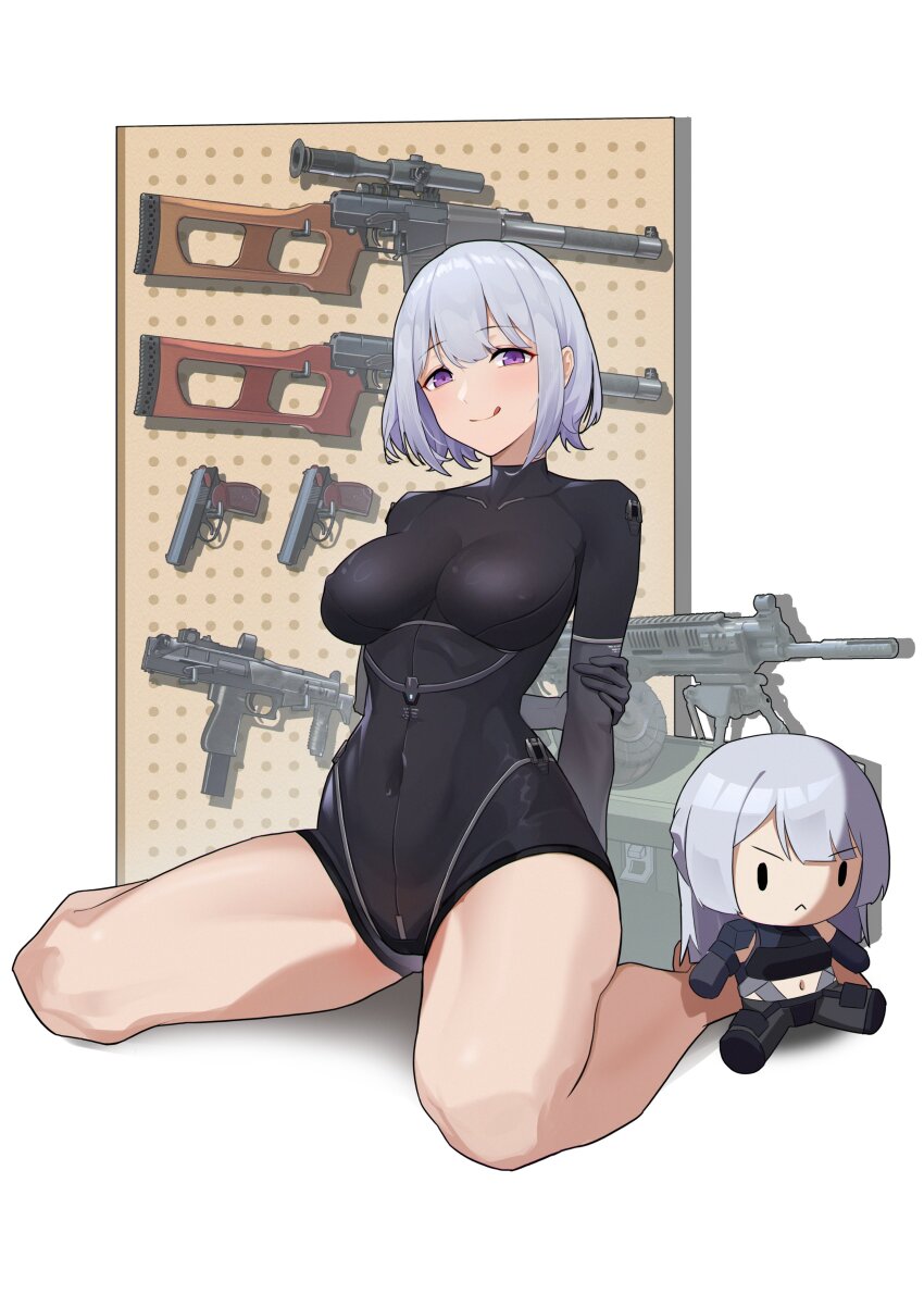 1girl absurdres ak-15_(girls&#039;_frontline) arms_behind_back as_val assault_rifle breasts character_doll cleavage closed_mouth covered_erect_nipples covered_navel full_body girls&#039;_frontline grey_hair gun handgun hashtag-only_commentary highres integral_suppressor integrally-suppressed_firearm kalashnikov_rifle light_machine_gun looking_at_viewer lord-erica machine_gun makarov_pm purple_eyes rifle rpk-16 rpk-16_(girls&#039;_frontline) short_hair simple_background sitting smile sniper_rifle sr-2_veresk suppressor tongue tongue_out vss_vintorez wariza weapon white_background