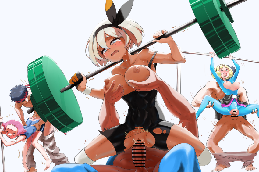 3boys 3girls absurdres bea_(pokemon) black_belt_(pokemon) blonde_hair breasts breasts_out censored gen_1_pokemon grabbing_another&#039;s_breast greta_(pokemon) grey_hair groping highres maylene_(pokemon) multiple_boys multiple_girls nintendo nipples penis pink_hair pokemon pokemon_dppt pokemon_emerald pokemon_rse pokemon_swsh sex sex_from_behind simple_background torn_clothes u4_99384295 vaginal white_background