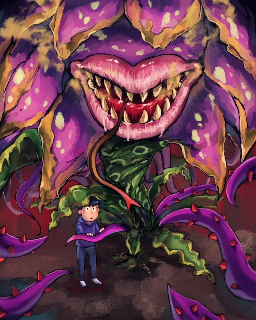 10s 1boy bad_id bad_twitter_id black_hair denim dobusu_(osomatsu-san) drooling highres hood hoodie jeans matsuno_karamatsu open_mouth osomatsu-kun osomatsu-san osomatsu_(series) pants plant_monster sharp_teeth teeth