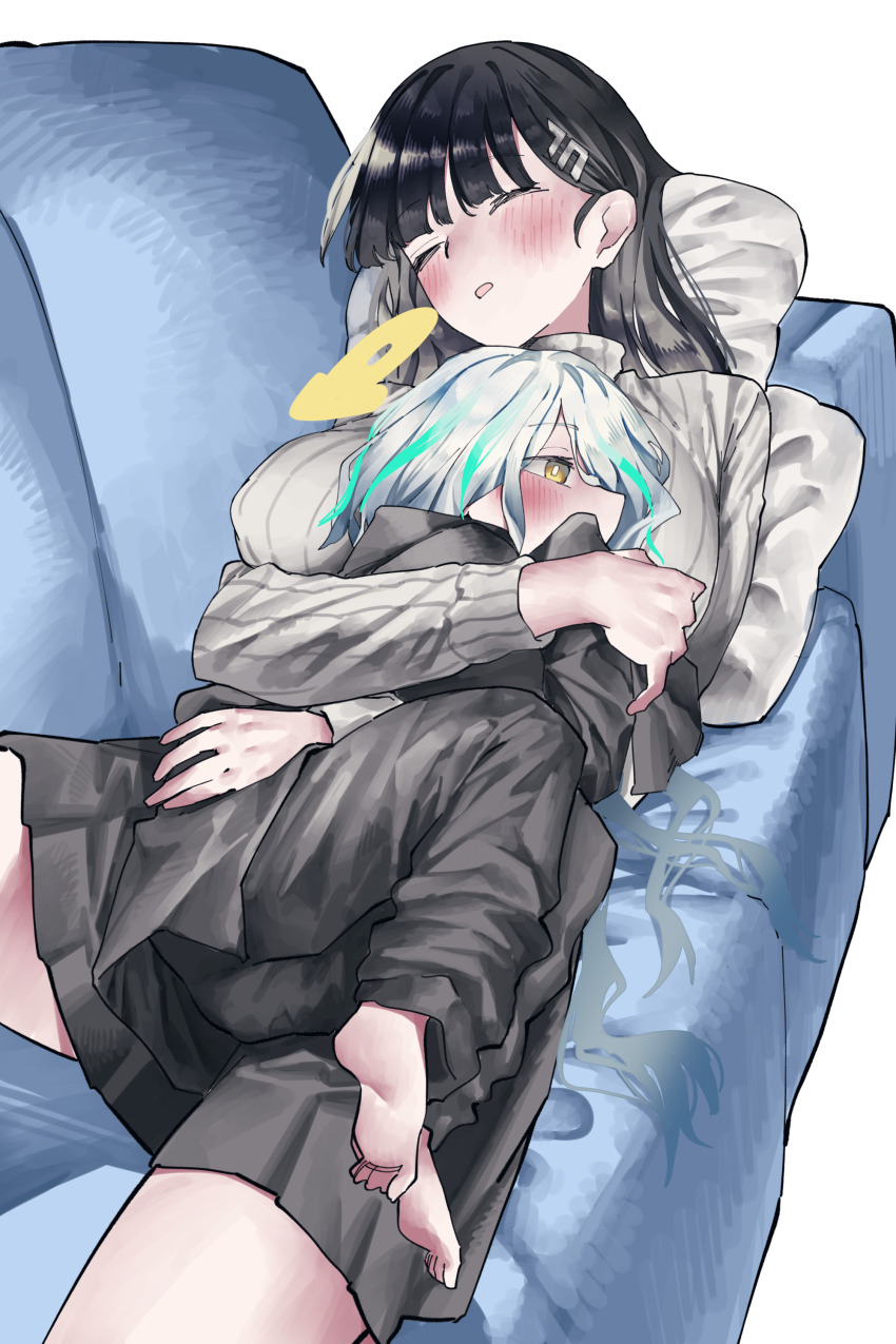 2girls absurdres aged_down barefoot black_hair black_skirt blue_archive blush breasts bright_pupils couch female_sensei_(blue_archive) female_sensei_(blue_archive)_(vivo_(vivo_sun_0222)) green_hair grey_hair halo highres hug huge_breasts long_sleeves looking_ahead lying lying_on_person multicolored_hair multiple_girls on_back on_couch on_side pleated_skirt ribbed_sweater rio_(blue_archive) sensei_(blue_archive) skirt sleeping streaked_hair sweater thighs two-tone_hair vivo_(vivo_sun_0222) white_pupils white_sweater yuri