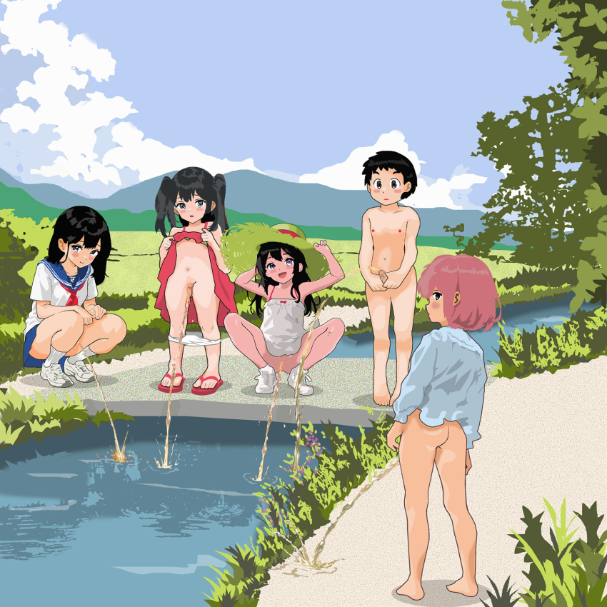 1boy 4girls ass barefoot black_eyes black_hair blue_eyes blue_shirt blue_skirt blush blush_stickers breasts censored clothed_female_nude_male clothes_lift cloud collarbone completely_nude dress dress_lift embarrassed flat_chest flip-flops from_behind grass green_hat hat loli long_hair long_sleeves looking_at_viewer looking_back mountain multiple_girls navel neckerchief neko_no_kimagure nipples no_panties nude open_mouth original panties panty_pull peeing peeing_together penis penis_grab pink_hair plant puddle pussy red_dress red_neckerchief red_sandals river sandals shirt shoes short_hair short_sleeves shota skirt sky sleeveless sleeveless_dress small_breasts small_penis smile sneakers socks spread_legs squatting standing straw_hat sun_hat tree twintails underwear water white_dress white_panties white_shirt white_shoes white_socks