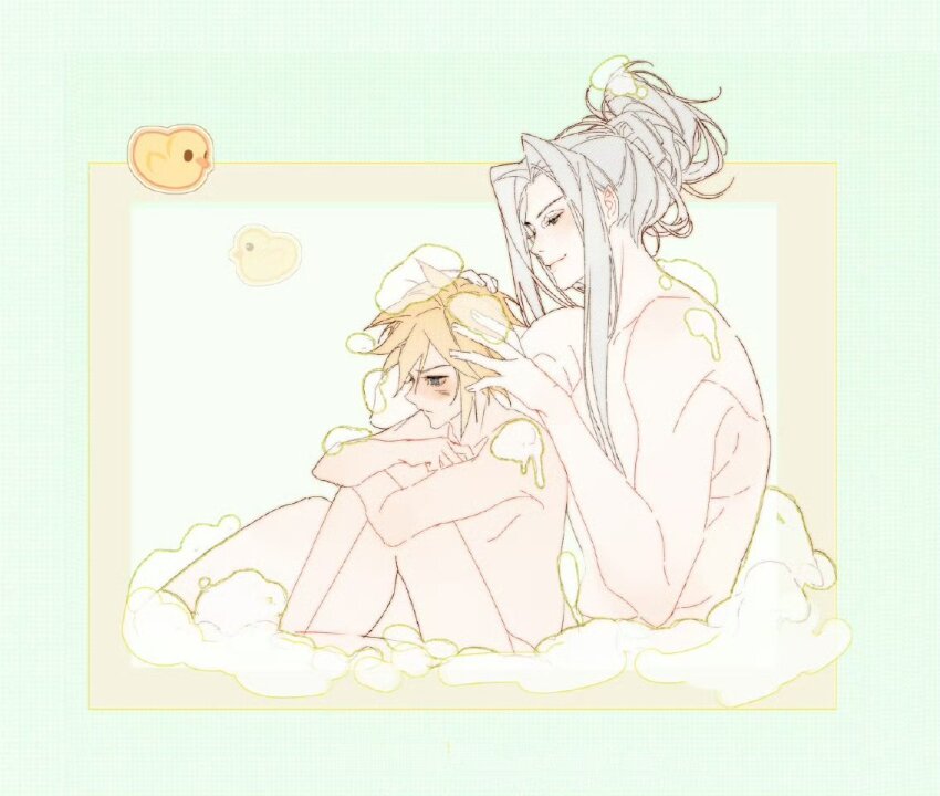 2boys bath blonde_hair blush cloud_strife crossed_arms cuntouxiaoyeju final_fantasy final_fantasy_vii final_fantasy_vii_remake grey_hair hair_between_eyes hair_bun half-closed_eyes hand_in_another&#039;s_hair hugging_own_legs long_bangs long_hair male_focus multiple_boys rubber_duck sephiroth short_hair smile soap updo wet yaoi