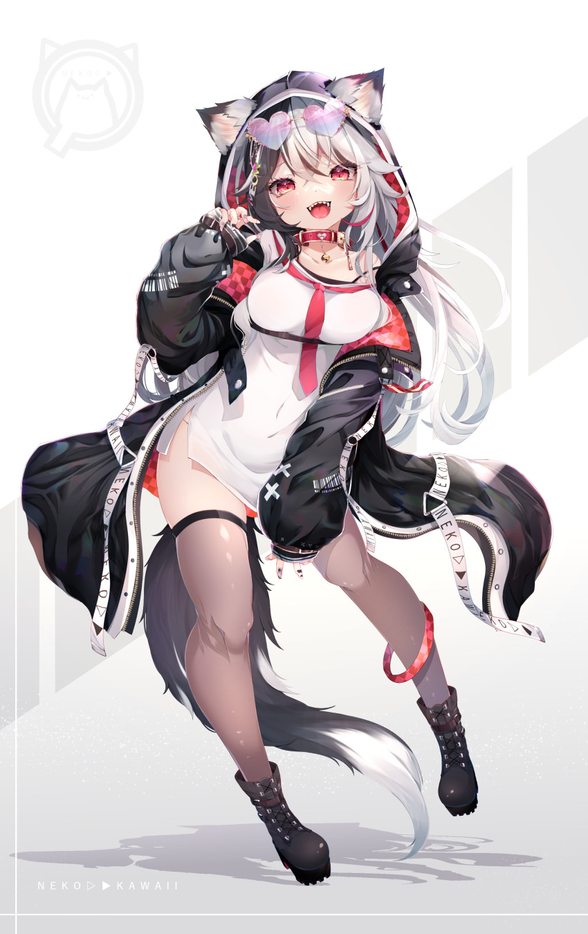 1girl absurdres animal_ears bell black_boots black_hair black_jacket blush boots breasts collar collarbone covered_navel dress eyewear_on_head fangs full_body hair_between_eyes hand_up heart heart-shaped_eyewear highres hood hooded_jacket jacket jingle_bell long_hair long_sleeves looking_at_viewer medium_breasts multicolored_hair necktie open_mouth original red_eyes red_necktie shadow sharp_teeth shiira_(nya_rl) short_dress simple_background solo standing tail teeth thighhighs thighs two-tone_hair virtual_youtuber white_background white_dress white_hair wolf_ears wolf_girl wolf_tail