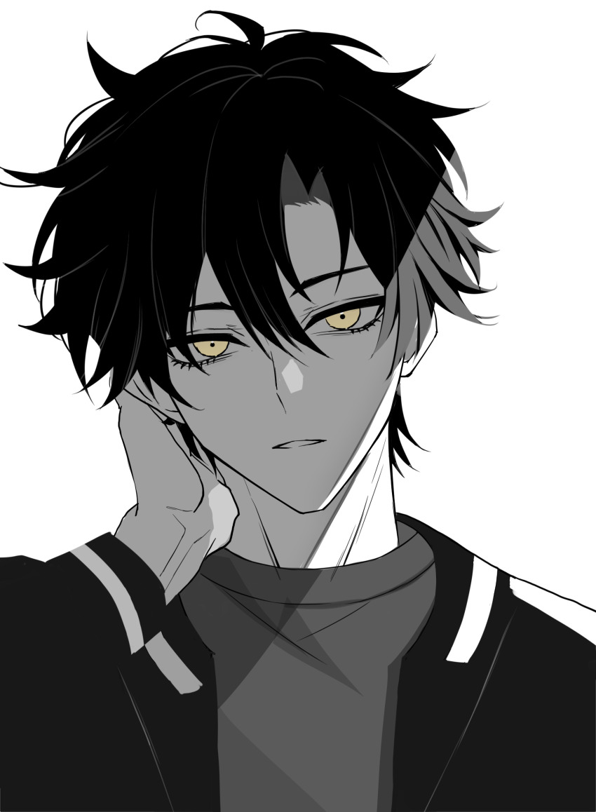 1boy absurdres bishounen black_hair cheng_xiaoshi chinese_commentary eyelashes greyscale hair_between_eyes hand_on_own_neck hand_up highres jacket long_sleeves looking_at_viewer male_focus monochrome multicolored_hair open_clothes open_jacket parted_lips portrait shiguang_dailiren shirt short_hair simple_background solo spot_color streaked_hair upper_body white_background xinjinjumin608077739399 yellow_eyes