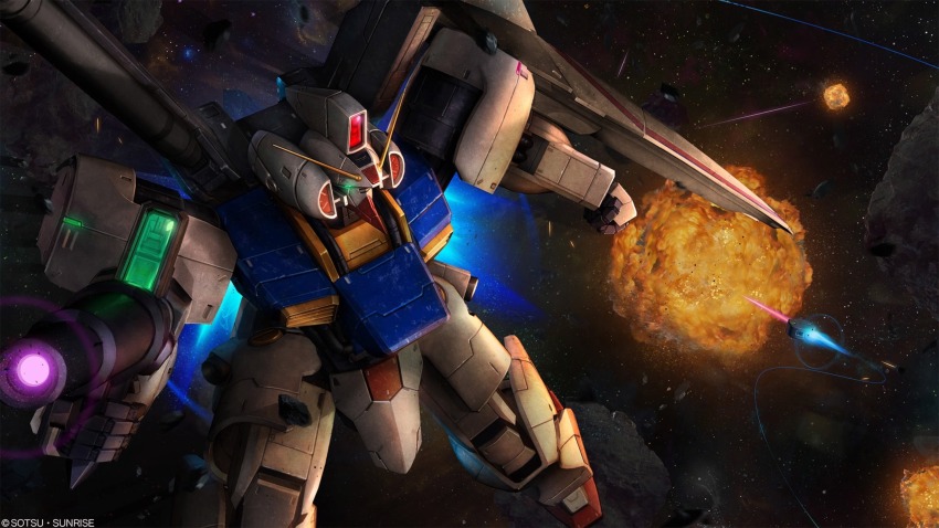 absurdres asteroid battle beam_rifle debris energy_gun explosion glowing gundam gundam_battle_operation_2 gundam_mk_iv gundam_msv highres machinery mecha mecha_focus mobile_suit nebula no_humans official_art painting_(medium) realistic robot scan science_fiction sd_gundam_g-generation space star_(sky) sunrise_(company) tenjin_hidetaka thrusters traditional_media v-fin weapon