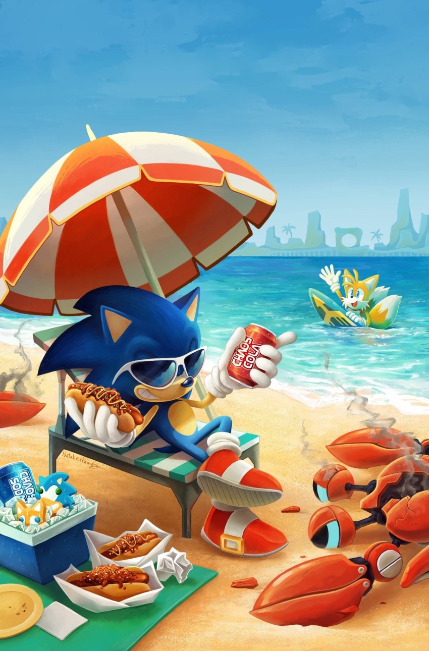 animated beach can chair chili_dog crab crabmeat_(sonic) cybrid101 drink_can eating food fox gloves green_hill_zone grin hedgehog highres ice_cream looping_animation ocean palm_tree parasol popsicle robot sand shoes sitting smile socks soda_can sonic_(series) sonic_the_hedgehog sunglasses surfboard surfing swimming tails_(sonic) towel tree umbrella