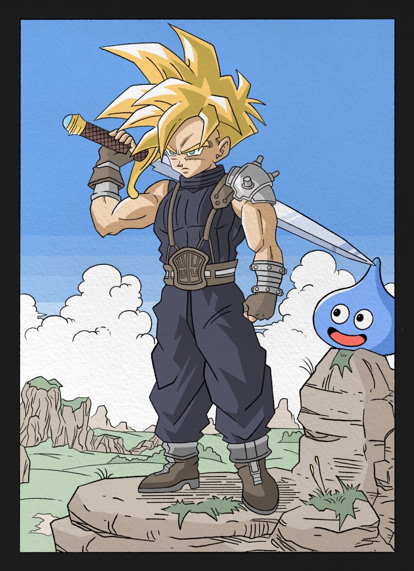 1boy black_pants black_sweater blonde_hair child cloud_strife cloud_strife_(cosplay) cosplay creator_connection crossover dragon_ball dragon_quest dragonball_z final_fantasy final_fantasy_vii full_body highres holding holding_sword holding_weapon male_focus medium_hair muscular muscular_male nature outdoors pants single_shoulder_pad sleeveless sleeveless_sweater slime_(dragon_quest) solo_focus son_gohan spiked_hair super_saiyan super_saiyan_1 suspenders sweater sword weapon wesatinthecar