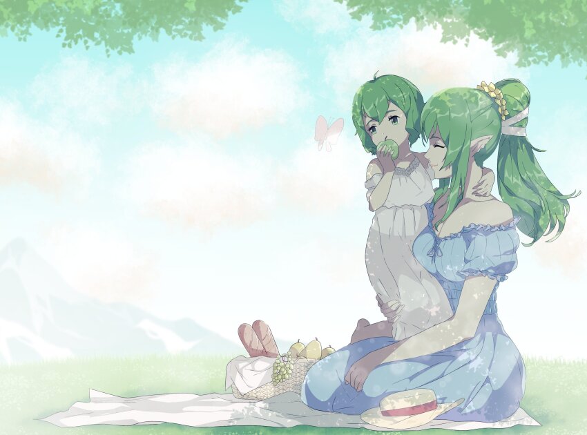 2girls apple bare_shoulders bread bug butterfly closed_eyes commentary dress eating english_commentary fire_emblem fire_emblem_awakening food fruit grapes green_apple green_eyes green_hair hat highres insect female_morgan_(fire_emblem) mother_and_daughter multiple_girls nintendo outdoors pear picnic pointy_ears r3dfive revision sitting sitting_on_person sky smile tiki_(adult)_(fire_emblem) tiki_(fire_emblem) tree unworn_hat unworn_headwear