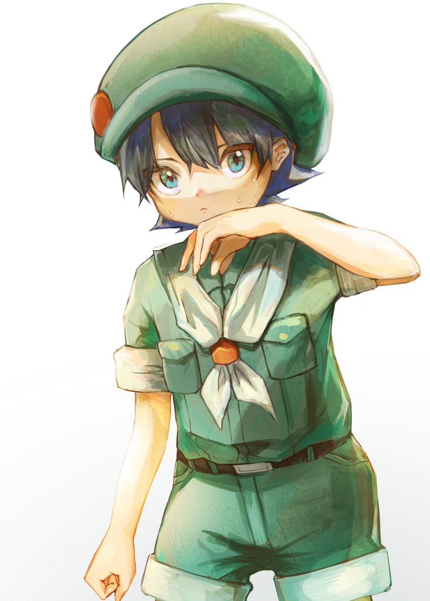 1boy absurdres belt black_hair blue_eyes camper_(pokemon) child clenched_hand green_hat green_shirt green_shorts hand_up hat highres looking_at_viewer monose neckerchief nintendo pocket pokemon pokemon_bdsp shirt short_hair shorts simple_background solo standing sweat white_background