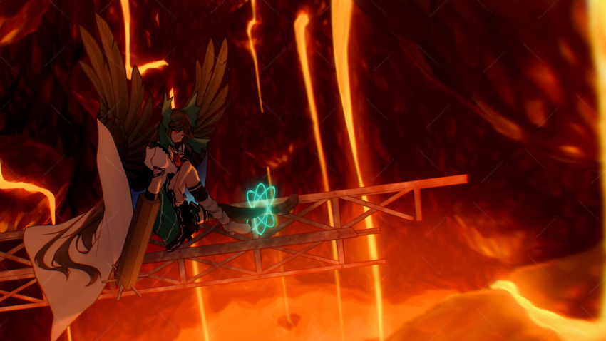 1girl arm_cannon atom bird_wings black_socks bow brown_hair brown_wings cape closed_mouth collared_shirt commentary_request control_rod_(touhou) cosmos_0131 expressionless feathered_wings frilled_skirt frills full_body green_bow green_skirt hair_bow highres lava long_hair looking_at_viewer puffy_short_sleeves puffy_sleeves red_eyes reiuji_utsuho rock shirt short_sleeves sitting skirt socks solo steel_beam third_eye touhou underground weapon white_cape white_shirt wings