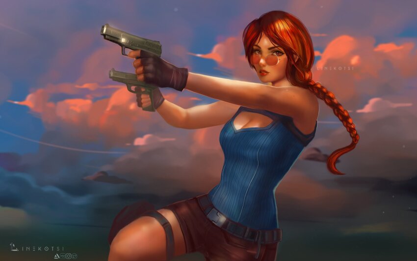 1girl ash_(rainbow_six_siege) belt black_gloves blue_tank_top braid breasts brown_eyes brown_shorts cleavage_cutout clothing_cutout cloud cloud_background dual_wielding fingerless_gloves glasses gloves gun handgun highres holding holding_gun holding_weapon linekotsi looking_at_viewer medium_breasts official_alternate_costume rainbow_six_siege red_hair round_eyewear shorts single_braid solo tank_top teeth tomb_raider weapon