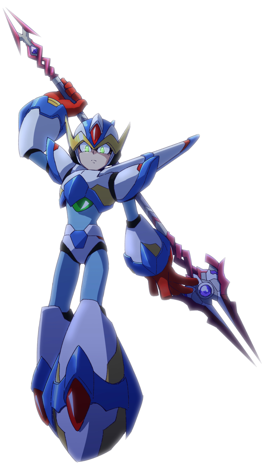1boy android armor chest_jewel closed_mouth falcon_armor_x_(mega_man) flying forehead_jewel full_body gloves glowing glowing_eyes helmet highres hiyoko_ai holding holding_behind_back holding_polearm holding_weapon holding_weapon_behind_back jewelry lance looking_at_viewer male_focus mechanical_wings mega_man_(series) mega_man_x_(series) polearm red_gloves robot robot_ears shoulder_armor simple_background solo solo_focus spear weapon white_armor white_background white_helmet winged_helmet wings x_(mega_man)